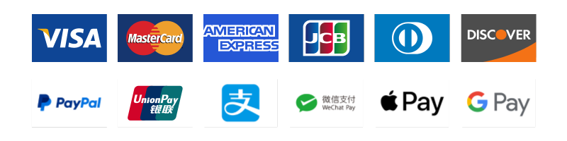 Visa, Mastercard, American Express, JCB, Diners Club, Discover, PayPal, UnionPay, Alipay, WeChat Pay, Apple Pay, Google Pay
