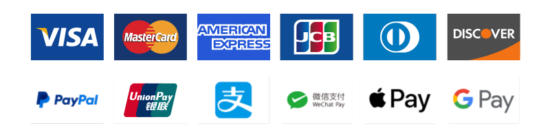 Visa, Mastercard, American Express, JCB, Diners Club, Discover, PayPal, UnionPay, Alipay, WeChat Pay, Apple Pay, Google Pay